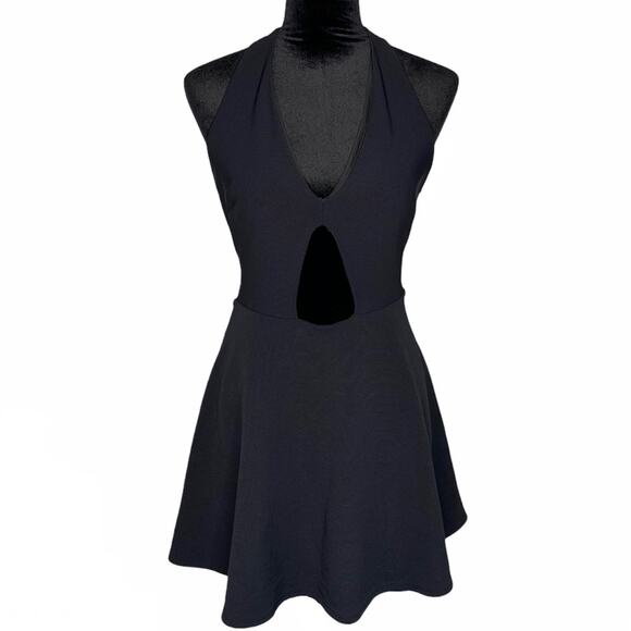 BEBE Black Sexy Cutout Flare Skater Halter Lined Dress size Large - Picture 2 of 13